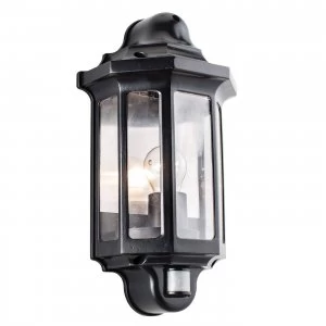 PIR Outdoor Wall Lantern Satin Black Paint, Clear Polycarbonate IP44, E27