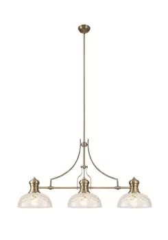 Linear Ceiling Pendant With 30cm Flat Round Patterned Shade, 3 x E27, Antique Brass, Clear Glass