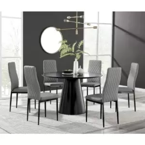 Furniturebox Palma Black Semi Gloss 120cm Round Minimalist Dining Table & 6 Grey Milan Black Leg Chairs