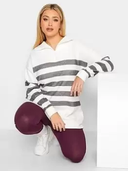 Yours Soft Touch Half Zip Stripe Top - White, Size 22-24, Women