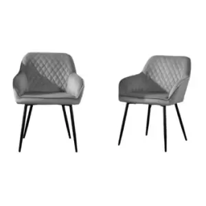 Roomee - Set of 2 Light Grey Velvet Dining Chairs Upholstered Seat Armrest with Metal Legs - Light Grey