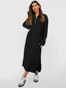 Boohoo Half Zip Midaxi Split Jumper Dress - Black, Size 10, Women