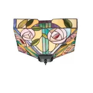 2 Light Medium Ceiling Flush Light Dark Bronze, Tiffany Style Glass, E27