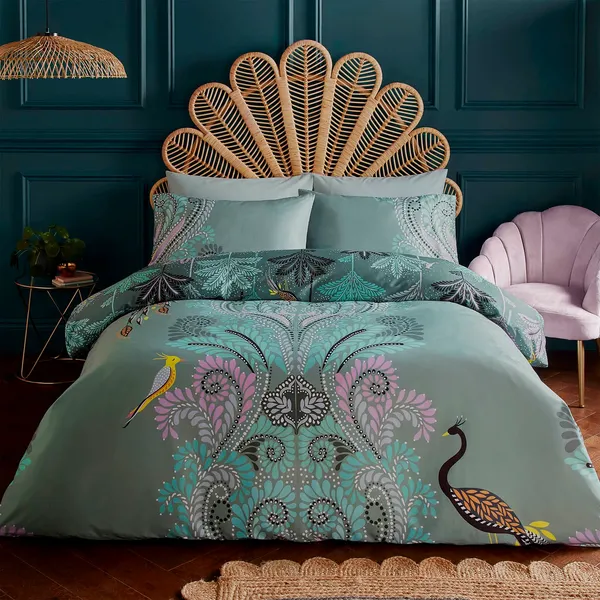 Sara Miller Peacock Filigree Duvet Set, Super King, Dark Sage