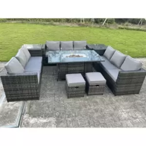 Fimous 9 Seater Outdoor Dark Grey Rattan Lounge Complete Sofa Set with Gas Fire Pit Table, Gas Heater, Side Tables, and 2 Stools