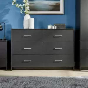 Stratford - Wide Chest of 6 Drawers Black Bedroom Storage Drawers Metal Runners - Black