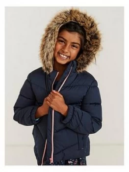 FatFace Girls Elsie Faux Fur Hooded Coat - Navy, Size 12-13 Years, Women