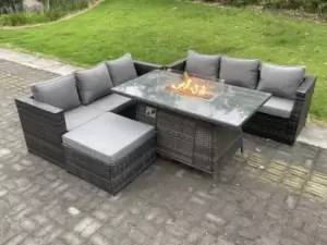 Fimous 6 Seater Outdoor Dark Grey Rattan Lounge Complete Sofa Set with Gas Fire Pit Table, Gas Heater and Big Footstool