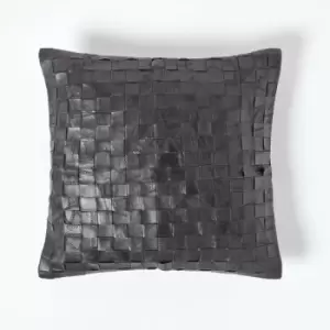 HOMESCAPES Black Real Leather Basketweave Check Suede Cushion with Feather Filling - Black