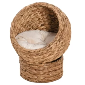 PawHut Cats Woven Banana Leaf Elevated Basket Bed w/ Cushion Brown