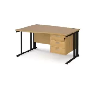 Office Desk Left Hand Wave Desk 1400mm With Pedestal Oak Top With Black Frame Maestro 25 MCM14WLP3KO