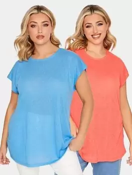 Yours Linen Look T-Shirt 2 Pack - Turquoise/Hot Pink, Blue, Size 14, Women