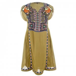 Biba Embroidered Neon Dress - Khaki