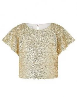 Monsoon Girls Dawn Sequin Flutter Top - Gold, Size Age: 11 Years, Women