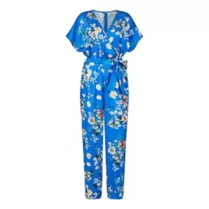 Yumi Blue Satin Floral Wrap Jumpsuit - Blue