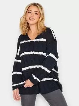 Yours V Neck Cable Stripe Jumper - Navy, Size 22-24, Women