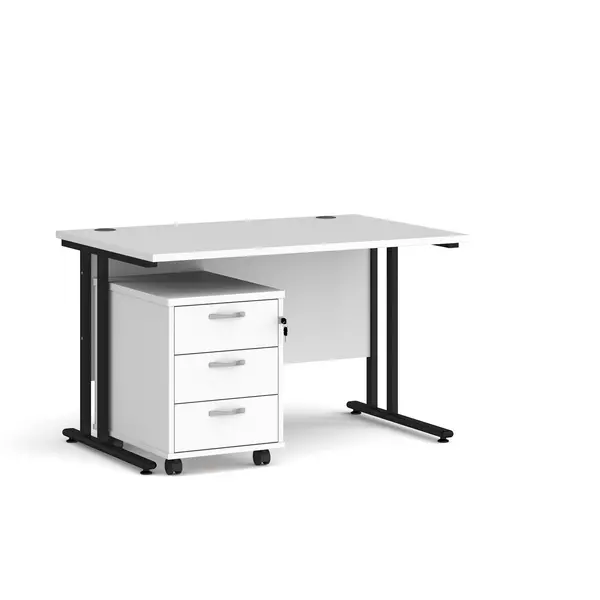 Maestro 25 Straight Desk Black Frame White Table Top and 3 Drawer Pedestal - 1200mm