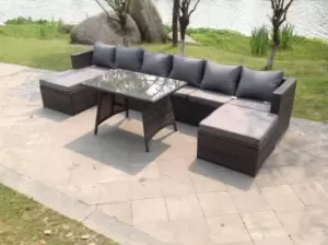 Fimous 6 Seater Outdoor Dark Grey Rattan Lounge Complete Sofa Set with Dining Table and 2 Big Footstools