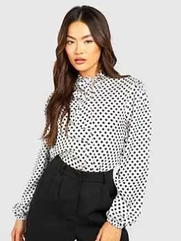 Boohoo Polka Dot Volume Sleeve Blouse - Ivory, Cream, Size 8, Women