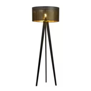 Emibig Aston Black Tripod Floor Lamp with Black, Gold Fabric Shades, 1x E27