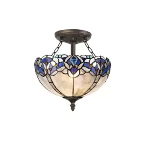 2 Light Semi Flush Ceiling E27 With 30cm Tiffany Shade, Blue, Clear Crystal, Aged Antique Brass