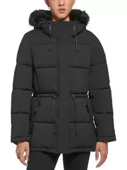 DKNY Mid Length Padded Jacket With Faux Fur Collar, Black, Size S, Women