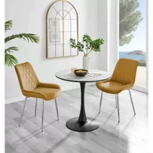 Furniture Box Elina White Marble Effect Round Dining Table and 2 Mustard Pesaro Silver Chairs