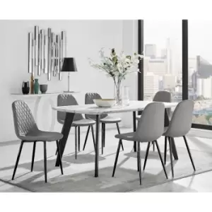 Furniturebox Andria Black Leg Marble Effect Dining Table and 6 Grey Corona Faux Leather Dining Chairs With Black Legs