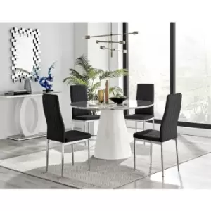 Furniturebox Palma White Marble Effect 120cm Round Minimalist Dining Table & 4 Black Milan Chrome Leg Faux Leather Chairs