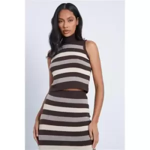 I Saw It First Chocolate High Neck Striped Sleeveless Knitted Top - Brown