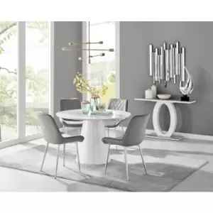 Furniturebox Palma White High Gloss 4 Seat Minimalist Post Modern Round Dining Table & 4 Grey Pesaro Silver Leg Velvet Chairs