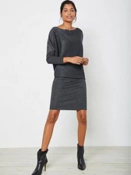 Mint Velvet Metallic Batwing Off The Shoulder Dress - Charcoal