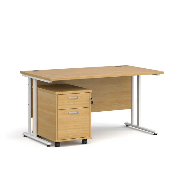 Maestro 25 Straight Desk with White Cantilever Frame and 2 Drawer Pedestal - Oak - 1400mm x 800mm