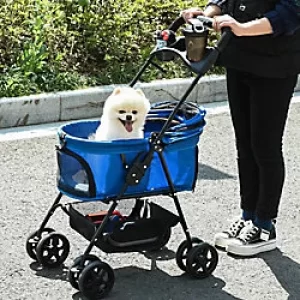 PawHut No-Zip Dog Stroller with Basket and Safety Leash Blue