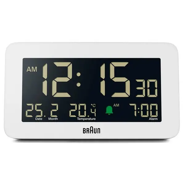 Braun Digital Alarm Clock with Date, Month and Temperatu - White One Size