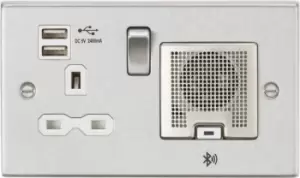 Knightsbridge 13A Socket, USB chargers (2.4A), & Bluetooth Speaker - Square Edge Brushed Chrome with white insert - CS9905BCW