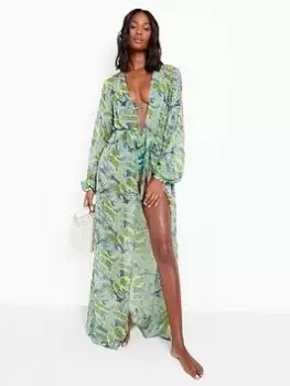 Boohoo Chiffon Maxi Beach Kimono - Blue Size L, Women