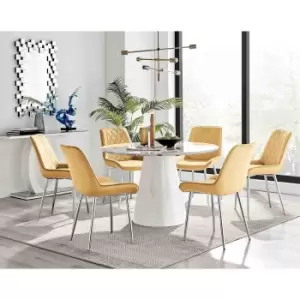 Furniture Box Palma White Marble Effect Round Dining Table and 6 Mustard Pesaro Silver Leg Chairs