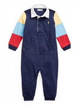 Ralph Lauren Baby Boys Stripe Sleeve Sweat Coverall - Navy, Size 3 Months