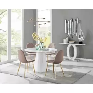 Furniture Box Palma White High Gloss Round Dining Table and 4 Cappuccino Corona Gold Leg Chairs