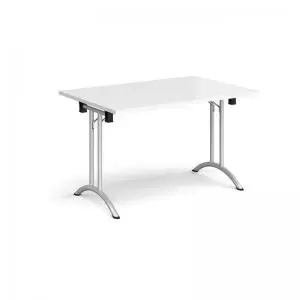 Rectangular folding leg table with silver legs and curved foot rails