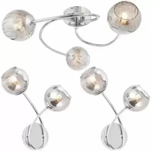 3 Arm Ceiling & 2x Wall Light Pack Chrome Smoked Glass Matching Indoor Fittings