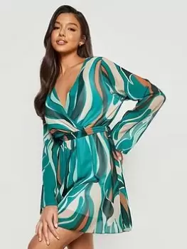 Boohoo Abstract Chiffon Belted Dress - Green, Size 16, Women