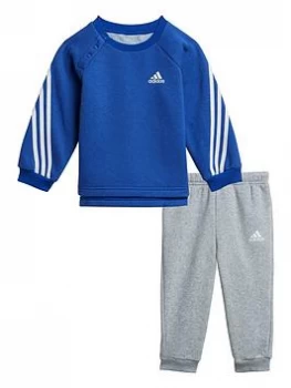 Boys, Adidas Infant Unisex 3 Stripe Crew & Jog Pant Set, Blue/Grey, Size 18-24 Months