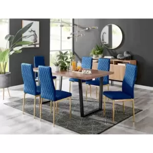 Furniture Box Kylo Brown Wood Effect Dining Table and 6 Navy Velvet Milan Gold Leg Chairs