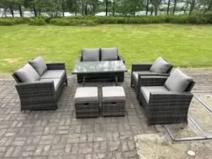 Fimous 6 Seater Outdoor Dark Grey Rattan Lounge Complete Sofa Set with Regular Dining Table and 2 Stools