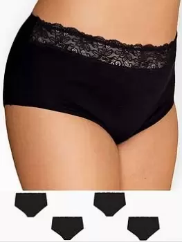 Yours Cotton Lace Trim Full Briefs (4 Pack) - Black, Size 18-20, Women