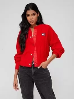 Tommy Jeans Oversized Badge Cable Cardigan - Red, Red Size M Women