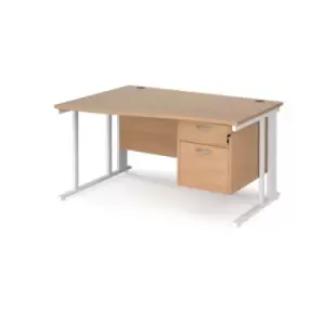 Office Desk Left Hand Wave Desk 1400mm With Pedestal Beech Top With White Frame Maestro 25 MCM14WLP2WHB