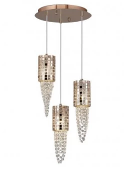 Ceiling Cluster Pendant 3 Light G9 Round Rose Gold, Mosaic Glass, Crystal